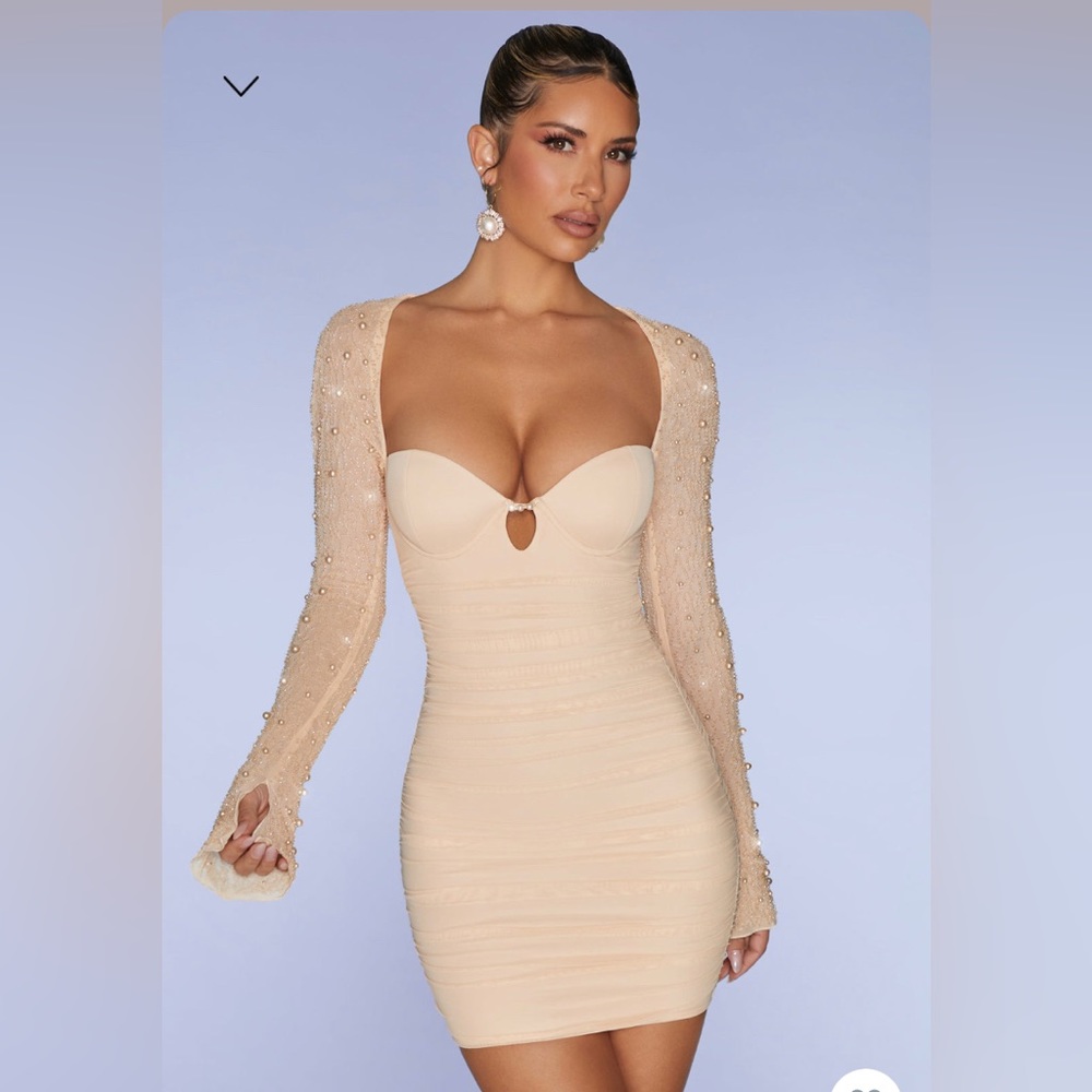 Oh Polly Embellished Long Sleeve Mini Dress in Sand